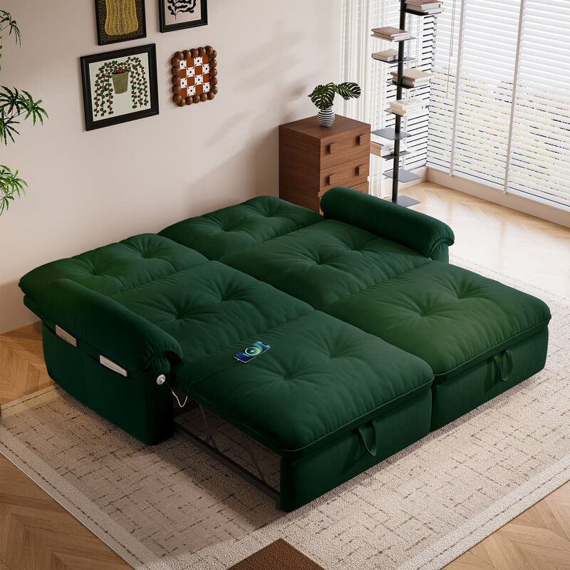 77 inch Convertible sleeper sofa bed, Plush fabric loveseat futon with USB ports and side pockets, sofa bed for small apartments image number 3