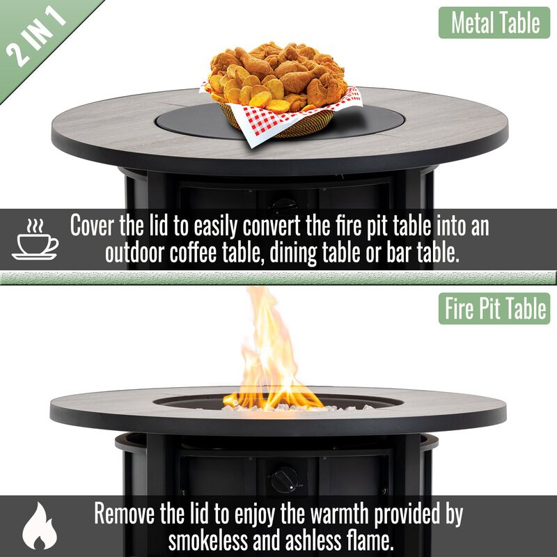 30" Propane Gas Fire Pit Table, 50000 BTU Round Steel Fire Pit With Wood Grain Ceramic Table Top