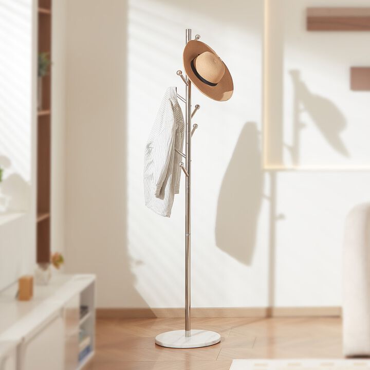 Modern Coat Rack with Marble Base and 8 Hooks, Freestanding Hall Tree