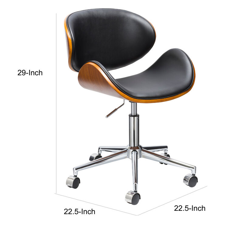 Kio 18-22 Inch Swivel Office Chair, Adjustable, Wood and Black Faux Leather - Benzara