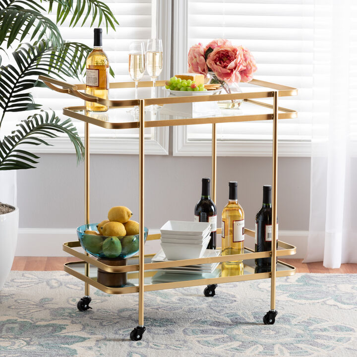Baxton Studio Destin Glam Brushed Gold Finished Metal 2 Tier Mobile Wine Bar Cart