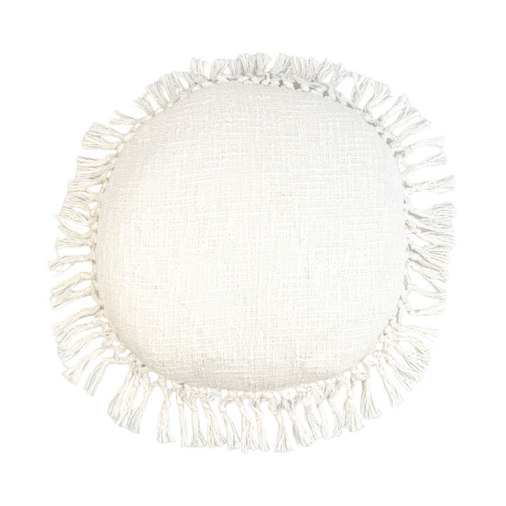 HomeRoots 18" X 18" White Round Cotton Throw Pillow with Fringe