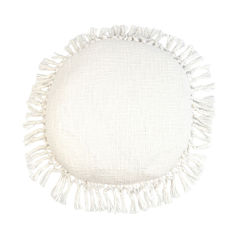 HomeRoots 18" X 18" White Round Cotton Throw Pillow with Fringe image number 0