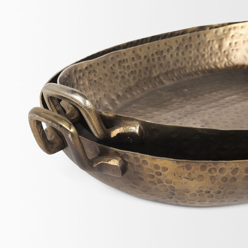 HomeRoots Set of Two Gold Oval Metal Handmade Serving Tray With Handles image number 5