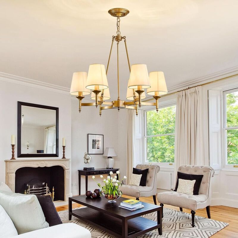 ShipItFurniture Gold Wagon Wheel Chandelier With White Linen Shade 6-Light image number 8