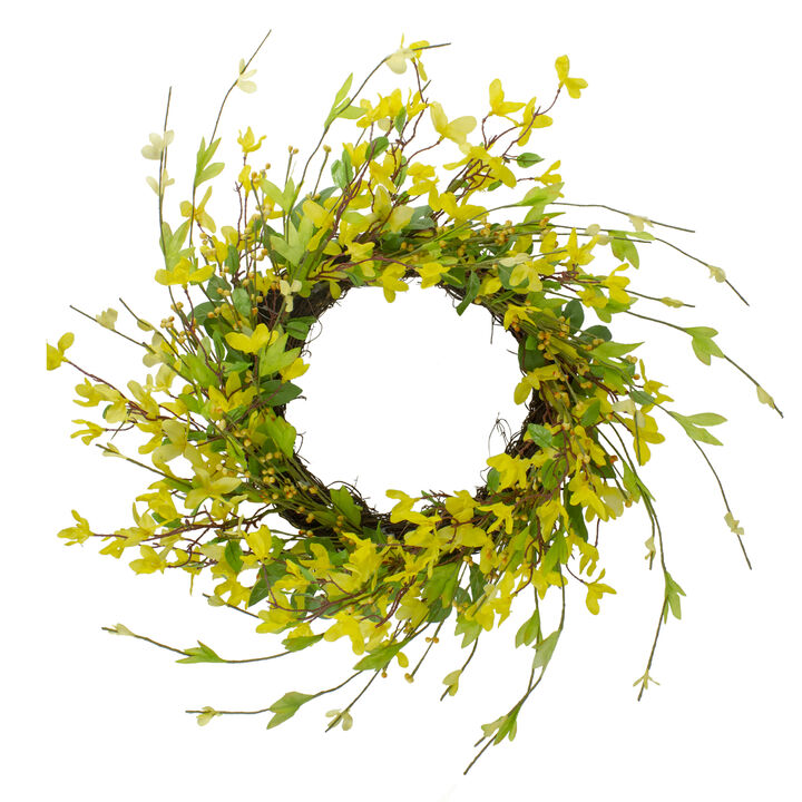 Forsythia and Leaves Artificial Spring Floral Wreath  Yellow - 20-Inch