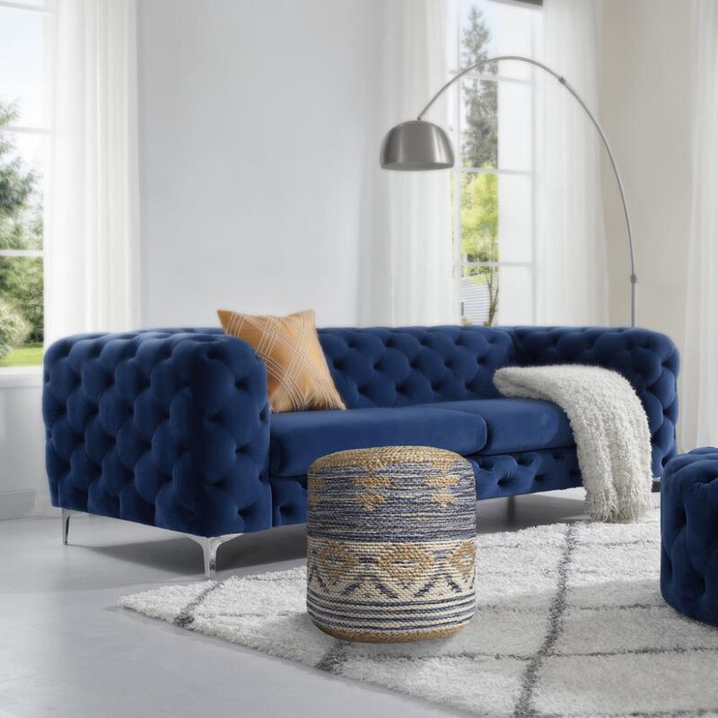 Hivvago 18 Inch Blue Cylinder Geometric Pouf Ottoman