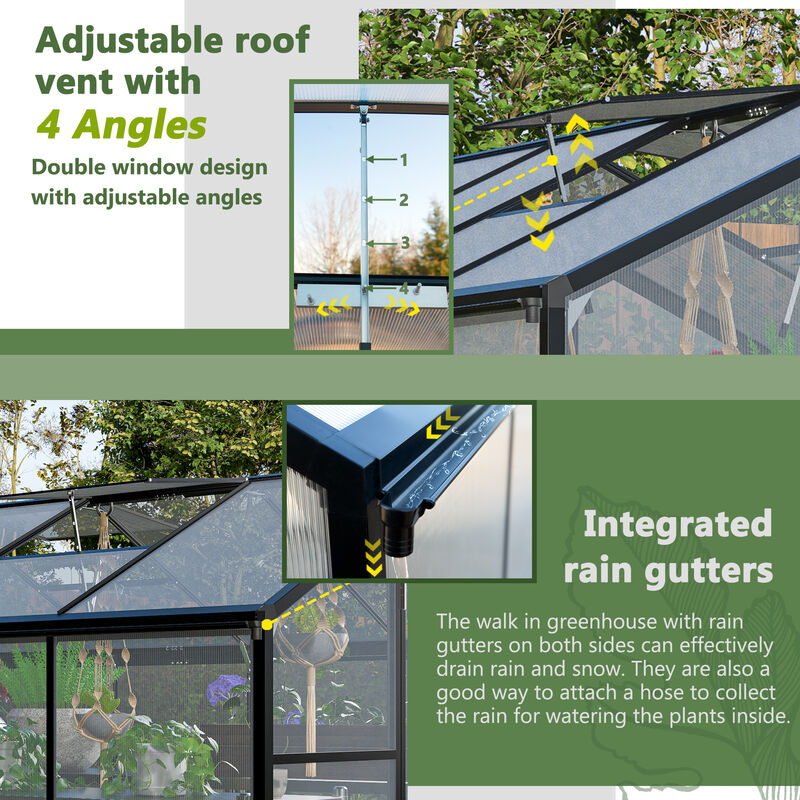 6x8 FT Greenhouse for Outdoors, Polycarbonate Greenhouse with Quick Setup Structure and Roof Vent image number 6