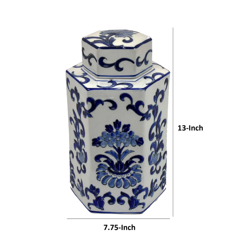 Deno 13 Inch Decorative Jar with Lid, Ceramic, Floral Design, Blue, White - Benzara
