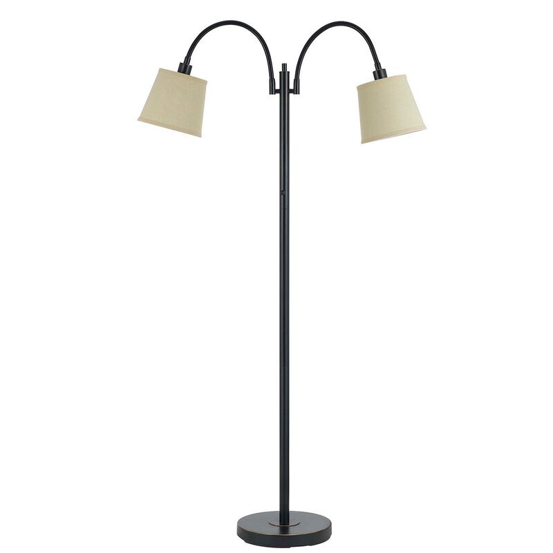 80 Watt Metal Floor Lamp with Dual Gooseneck and Uno Style Shades, Black - Benzara