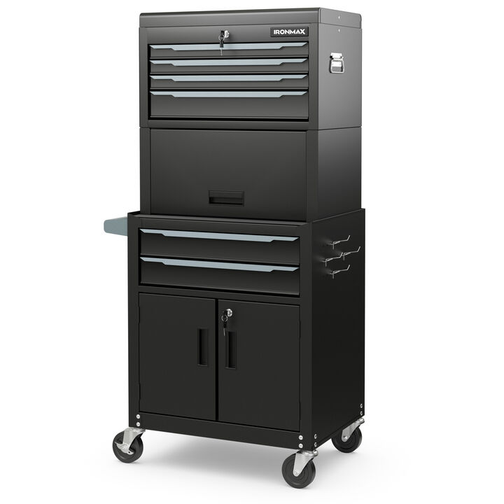 3-in-1 6-Drawer Rolling Tool Chest Storage Cabinet with Universal Wheels and Hooks-Black