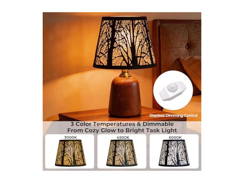 Dimmable 3 Color Rustic Wood Metal Bedside Lamp For Living Room Nightstand image number 3