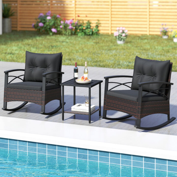 PE Rattan Rocking Bistro Set 3 Piece with Acacia Wood Top Table