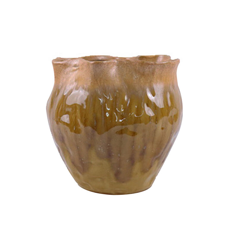 Ashly Decorative Planter with Scalloped Rim, Yellow Textured Ceramic 8 Inch image number 2