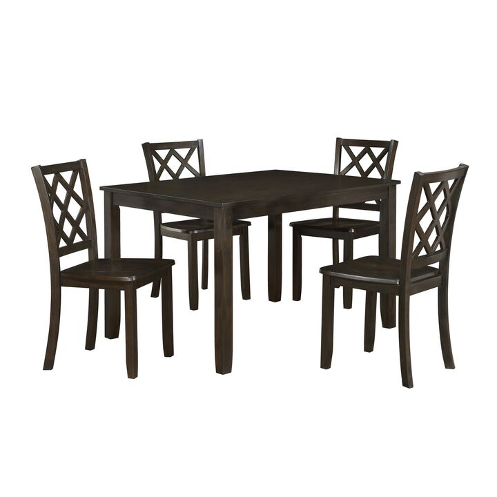 Ava 5pc Dining Table Set, 4 Lattice Back Chairs, Brown Rubberwood Frame - Benzara