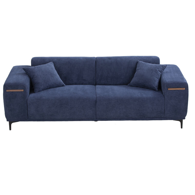 90" Mid-Century 3 Seater Sofa with 2 Stretchable Walnut Pad Modern Fabric Upholstered Sofa for livingroom lobby office Blue