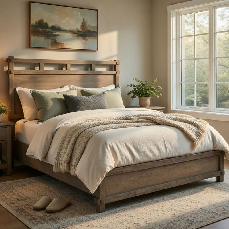 Cera Queen Size Bed, Panel Headboard with Top Rails, Antique Oak Brown image number 8