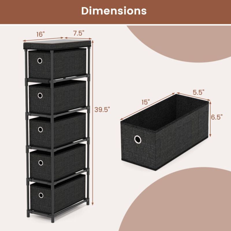 Hivvago Narrow Dresser with 5 Drawers Slim Storage Tower with Metal Frame