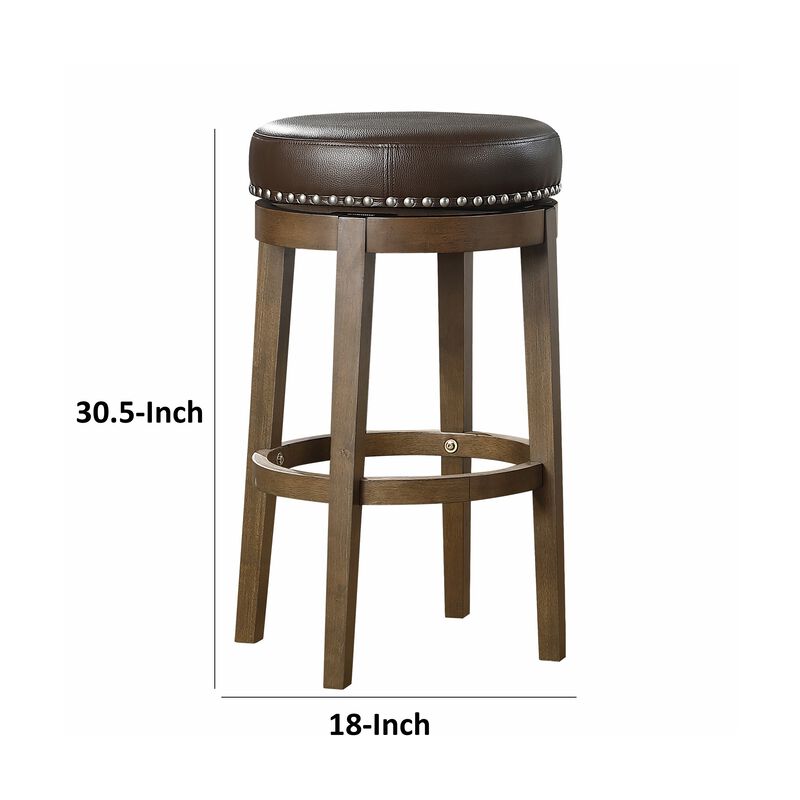 Bara 31 Inch Swivel Barstool, Brown Round Faux Leather Seat, Set of 2