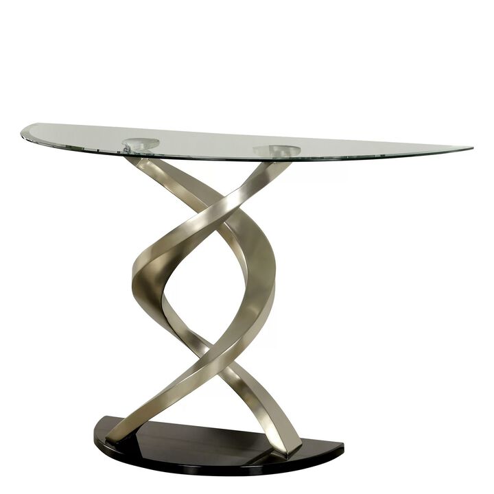 Sofa Table with Twisted Metal Base and Semi Circular Glass Top, Silver-Benzara