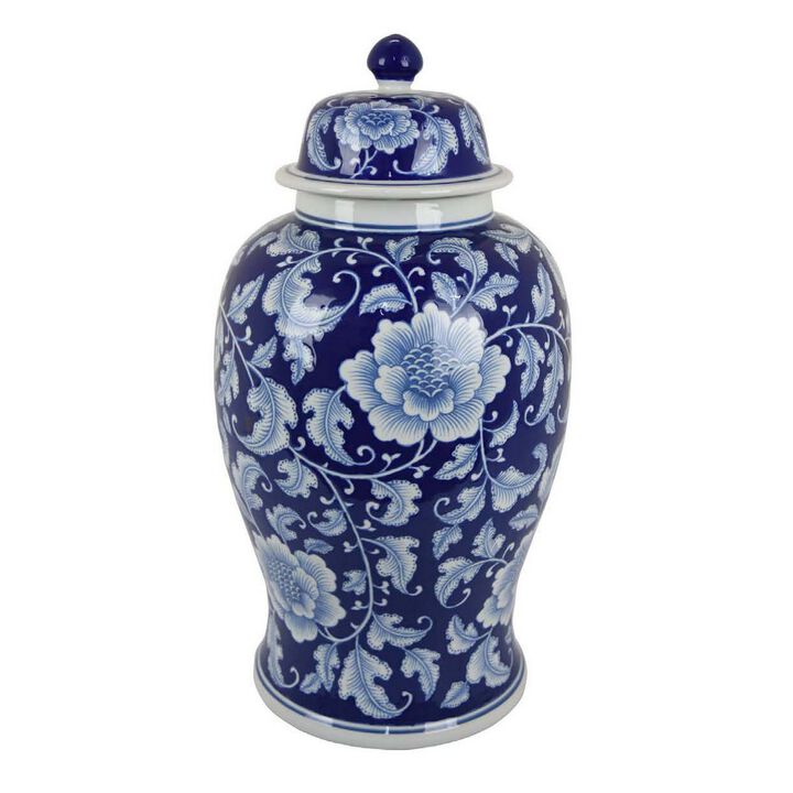 21 Inch Temple Ginger Jar, Blue, White Floral Print, Lid, Ceramic Pottery - Benzara
