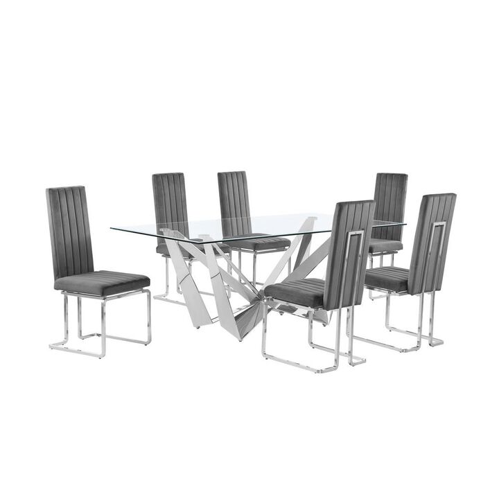 7pc Small(78") glass dining set with silver base and 6 Dark grey side chairs