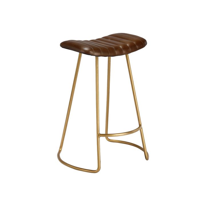 Counter Stool with Leatherette Vertical Channel Stitching, Brown and Antique Brass - Benzara