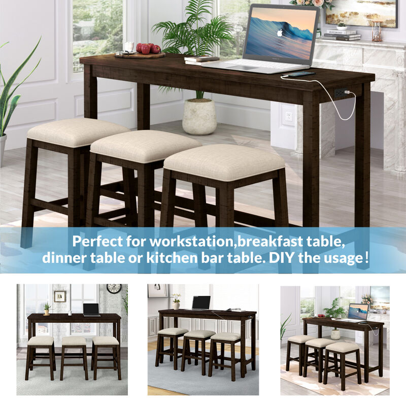 4 Pieces Counter Height Table with Fabric Padded Stools, Rustic Bar Dining Set