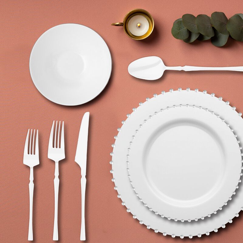 White with Silver Pearl String Round Plastic Tableware Set (120 Sets) image number 8