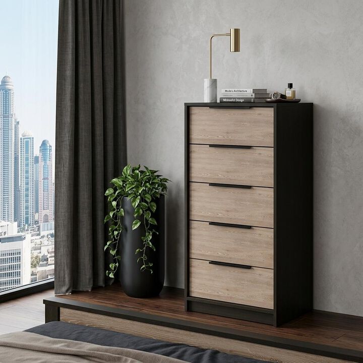 HomeRoots 18" Brown and Black Five Drawer Standard Chest