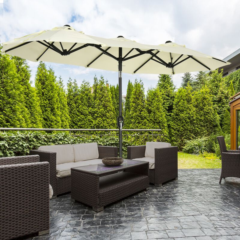 Brown Double-sided Umbrella: 9.5' Patio Umbrella with Tilt, Crank, Air Vents, 12 Ribs