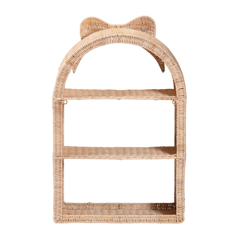 bali & pari Creusa Natural Rattan Wall Shelf - 3-Tier Decorative Storage Rack with Arched Frame and Woven Bow Accent, Boho Coastal Display Shelf