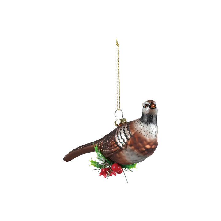Botanical Glass Pheasant Ornament with Glitter Detailing