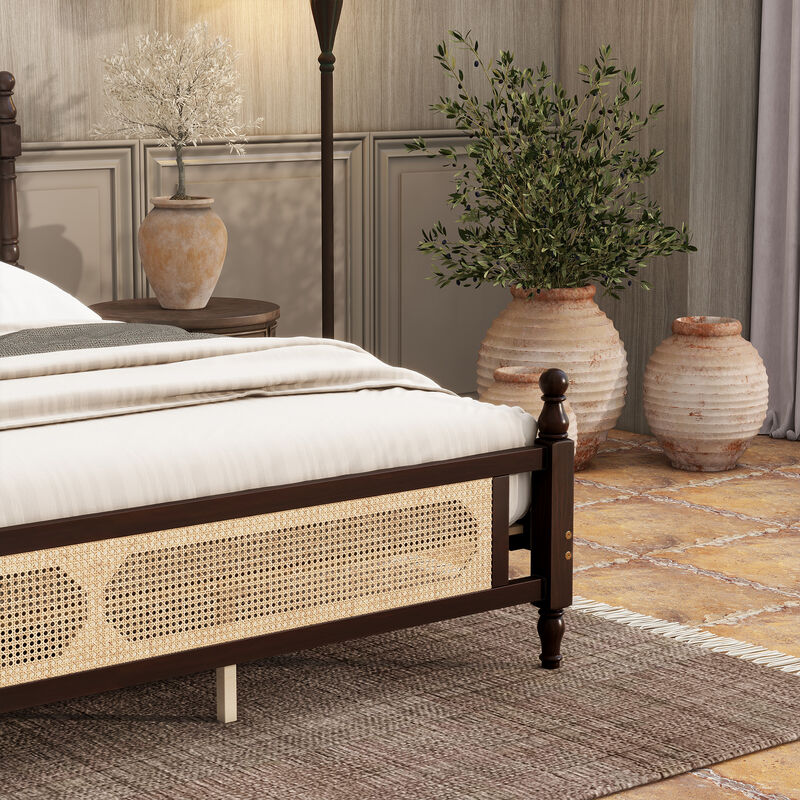 Whisen King Pine Wooden Bed with Rattan Headboard and Footboard, with Central Enhanced Bed Platform image number 5