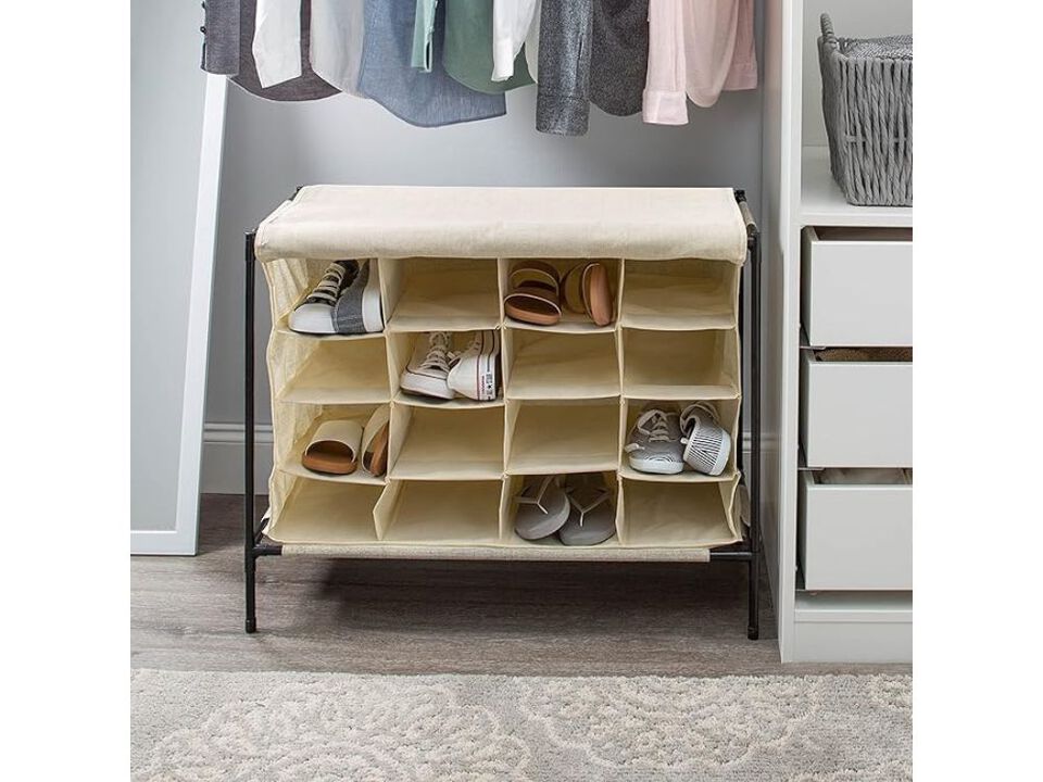 Entryway Shoe Rack 16 Pair Closet Storage Beige Cover Stackable