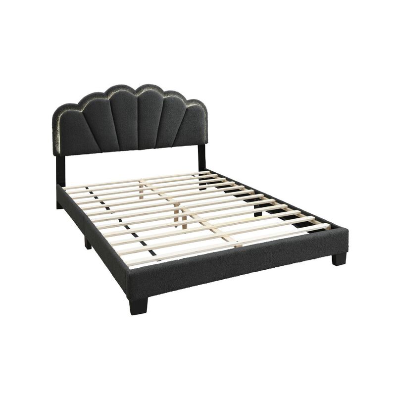 Geny Queen Size Bed, Charcoal Gray Wool Upholstery and LED, Glam Arch - Benzara