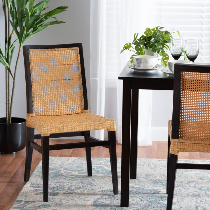 Bali & Pari Lingga Modern Bohemian Dark Brown Mahogany Wood and Natural Rattan Dining Chair