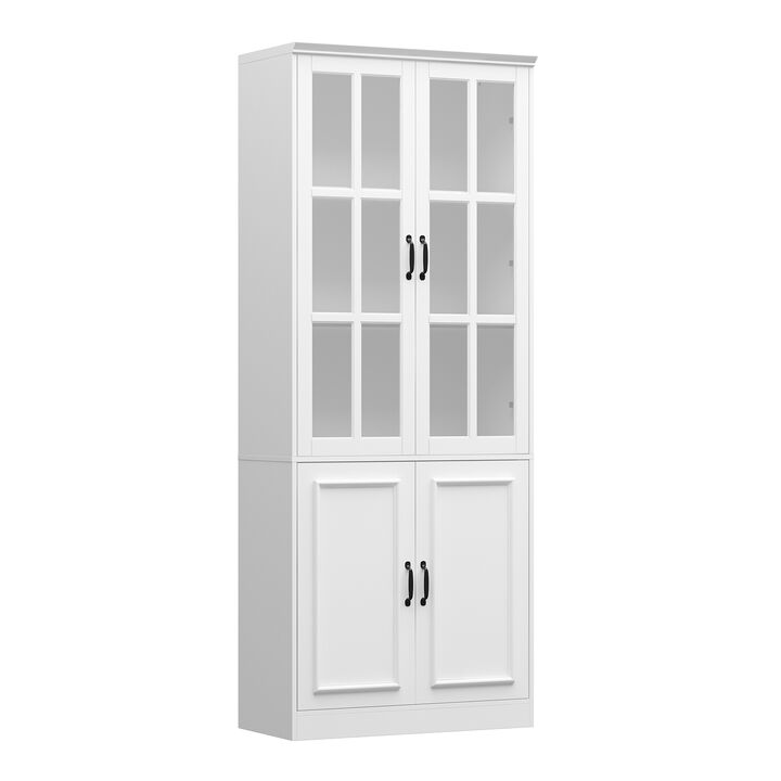 White Wooden MDF ( 31.5 in. W) Sideboard, Accent Storage Cabinet, Food Pantry with 2 Tempered Glass Doors and 5 Shelves