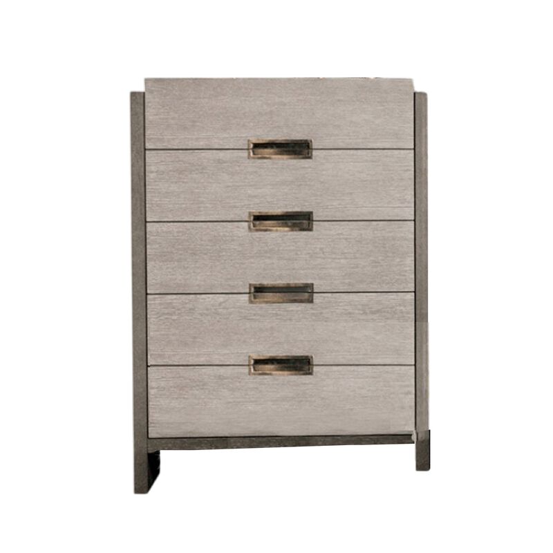 Rizvi Tall Dresser Chest with 5 Drawers, Bronze, Stone Gray Solid Wood - Benzara