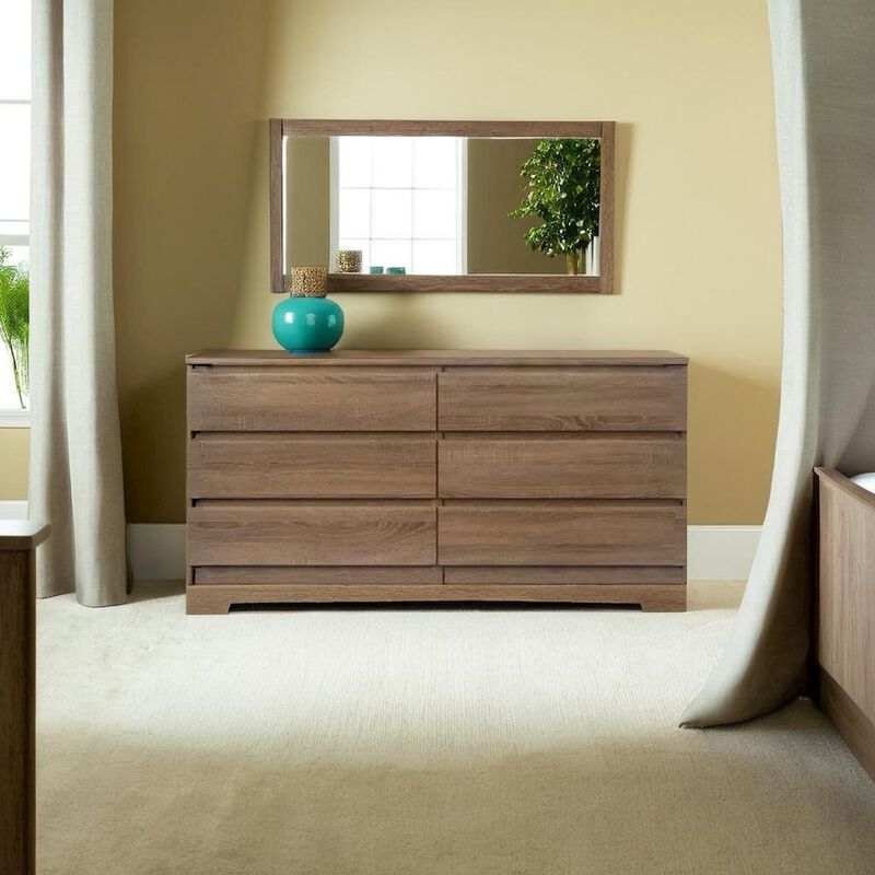 FurniFact Elegant Truffle Oak Double Dresser with Six Spacious Drawers for Storage