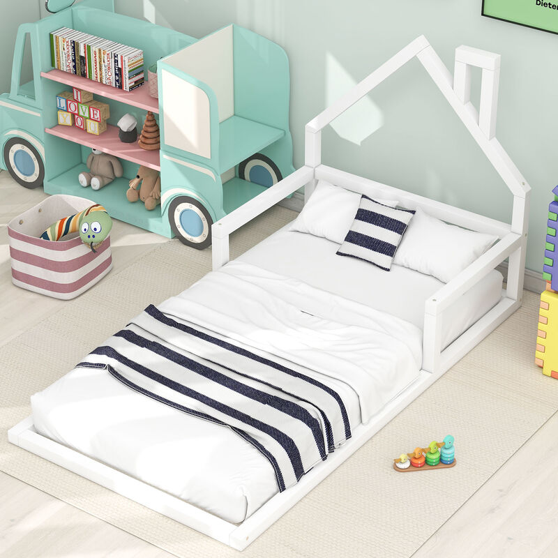 Whisen Modern Design Twin Size Wood Floor Bed with House-shaped Headboard - White