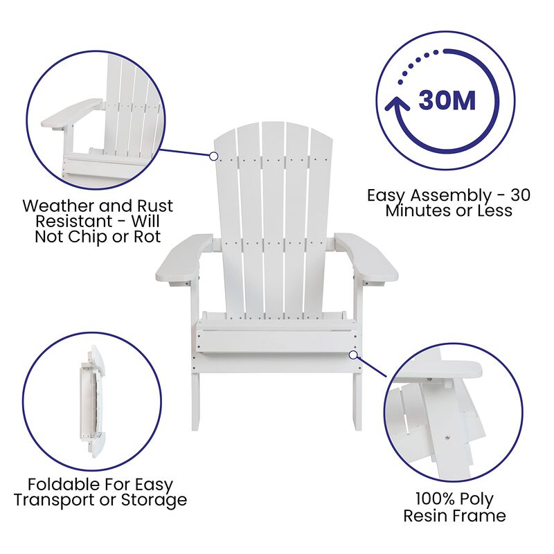 Flash Furniture 2 Pack Commercial All-Weather Poly Resin Folding Adirondack Chair with Side Table