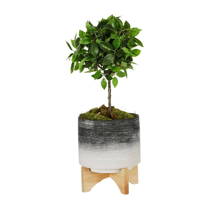 Planter with Wooden Stand and Fine Lines Design, Small, Gray-Benzara