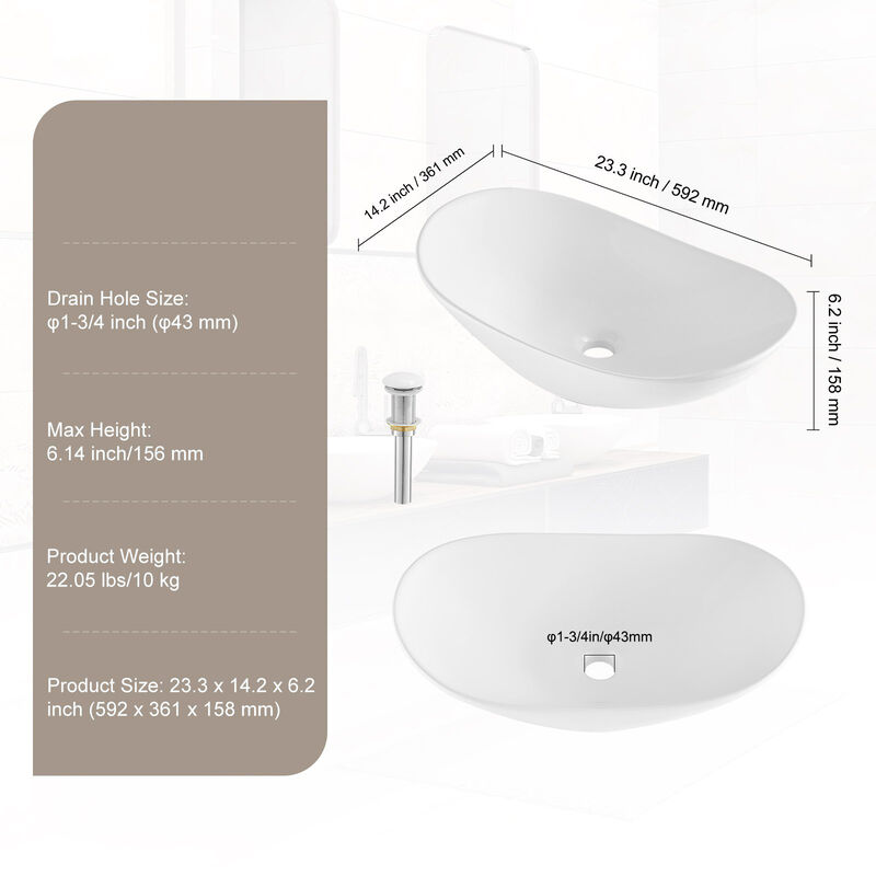 Bathroom Vanity Vessel Sink in Ceramic, Countertop Mount Bowl Style