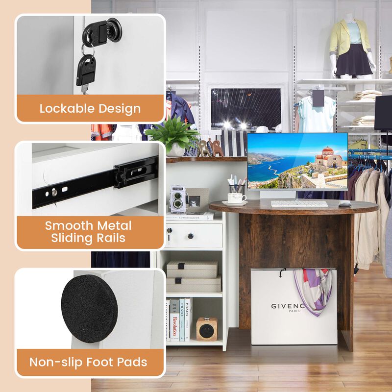 Costway Front Reception Counter Desk Checkout Office Desk with Open Shelf & Lockable Drawer