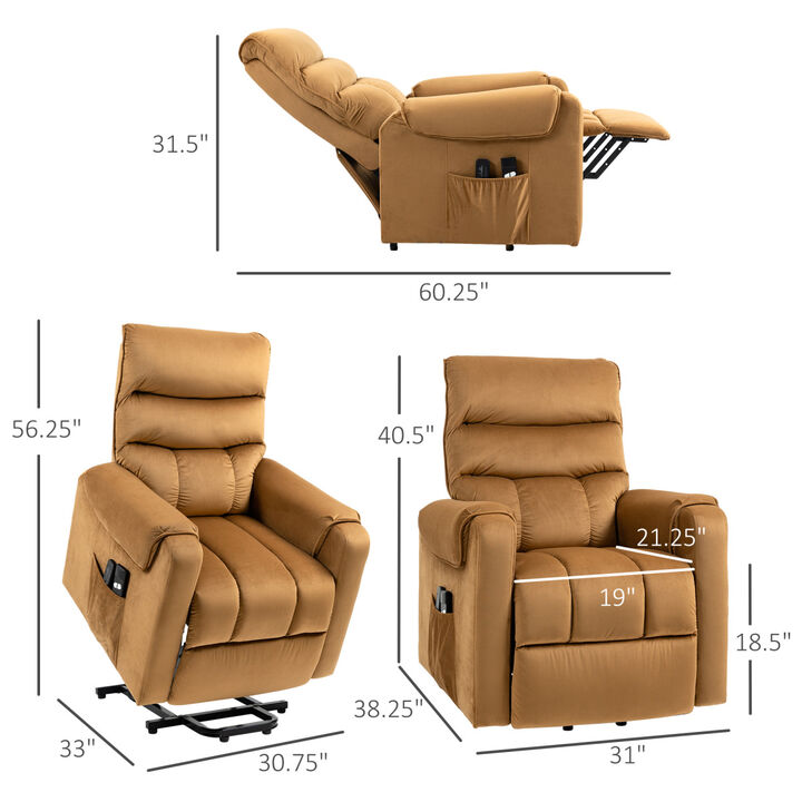 Power Lift Chair, Velvet Touch Upholstered Recliner Chair for Elderly with Vibration Massage, Remote Control, Side Pockets, Brown