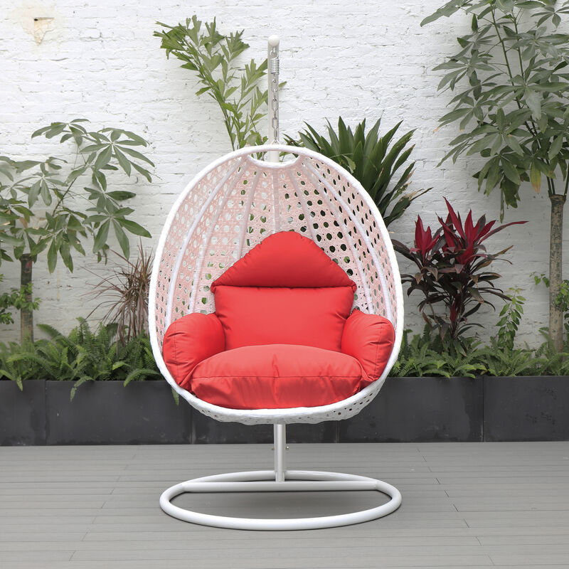 LeisureMod White Wicker Hanging Egg Swing Chair - Modern Outdoor Patio Chair for Porch, Balcony & Garden | Comfortable, Stylish, Durable