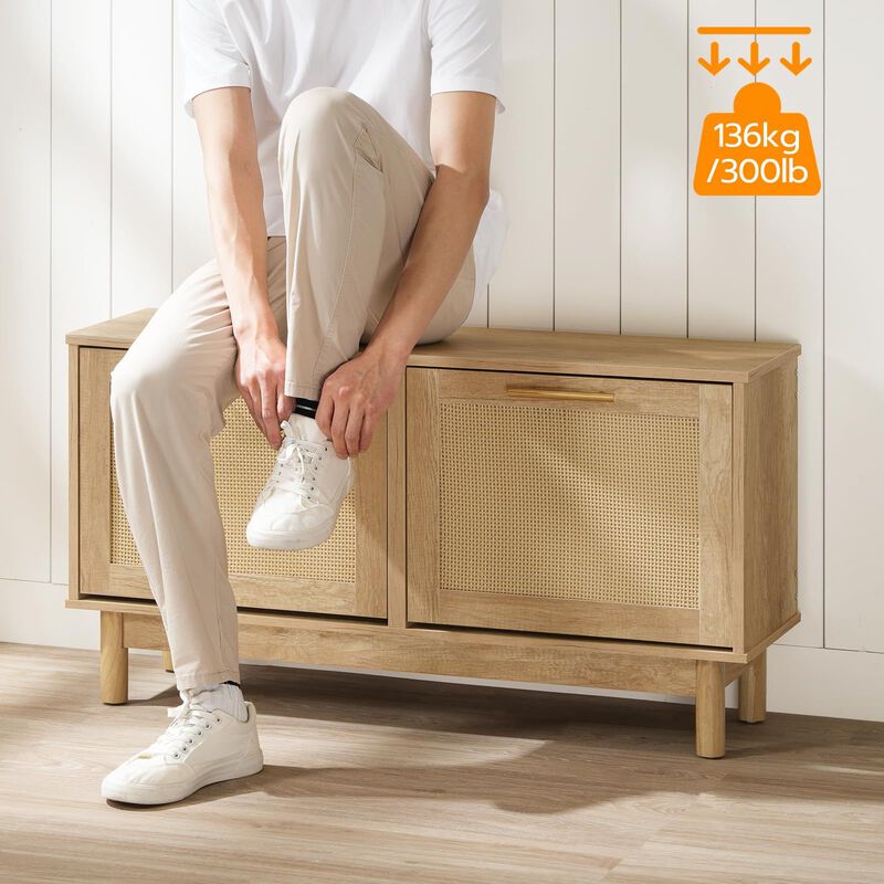 Rattan Shoe Bench with Flip-Top Drawers, Storage Organizer for Entryway image number 3
