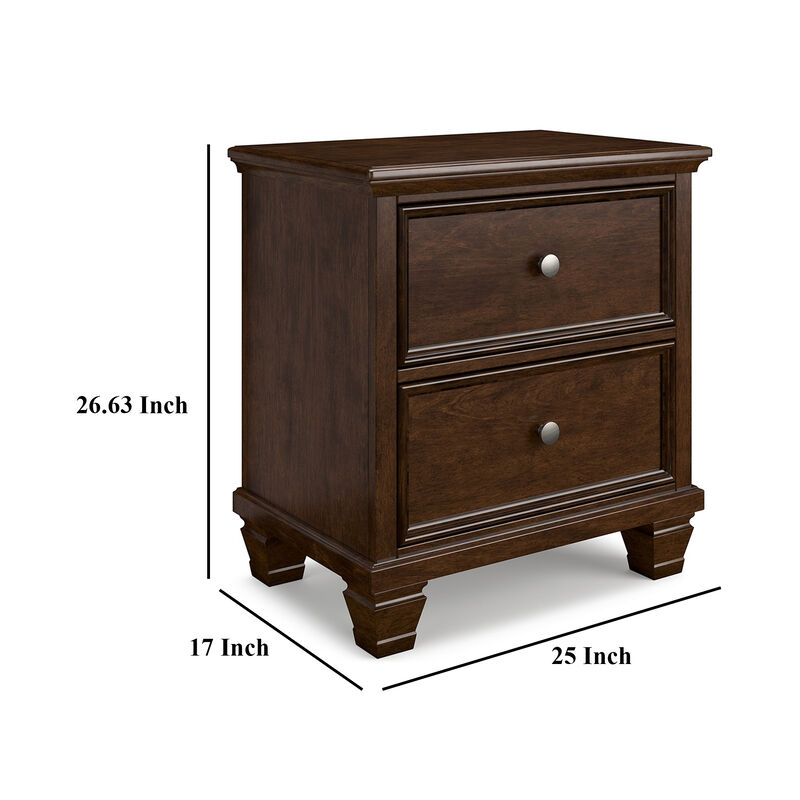 Reno Nightstand, 2 Drawers, Nickel Round Knobs, Rich Brown Solid Wood - Benzara