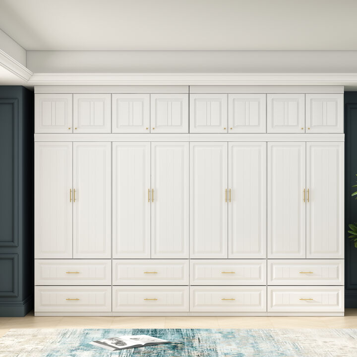 FUFU&GAGA Modern 8-Door Wardrobe with Drawers & Overhead Cabinet, Large Capacity Hidden Storage, Integrated Hanging & Shelving (126 in. W x 20.6 in. D x 93.9 in. H), White